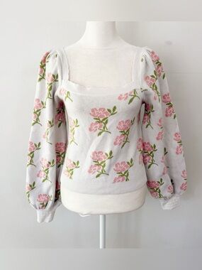 Willow & Wind Women Floral Puff Sleeve Sweater Medium Romantic Coquette Cottage
